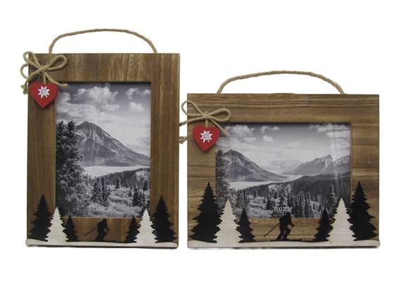 Bilderrahmen Holz mit Tannen und Skifahrer, 24 x 19 cm, 2 assortiert