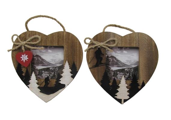Bilderrahmen Holzherz mit Tannen und Skifahrer, 14 x 14 cm, 2 assortiert