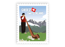 Briefmarkensticker Alphornbläser - Grüezi Switzerland