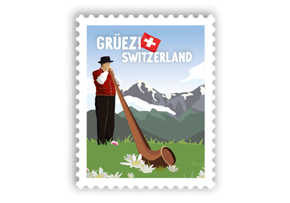 Briefmarkensticker Alphornbläser - Grüezi Switzerland