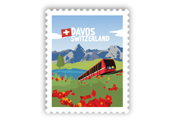 Briefmarkensticker Davos Berglandschaft mit Zug