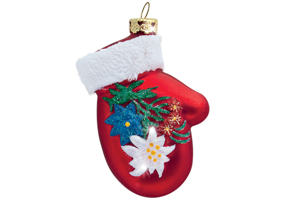 Glas Ornament Handschuh mit Edelweiss und Enzian, 7 x 5cm