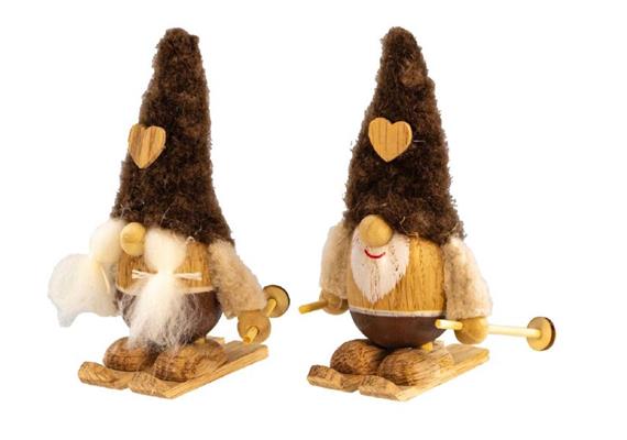 Gnom mit Ski aus Holz mit brauner Stoffmütze, 2 ass. 9x5cm