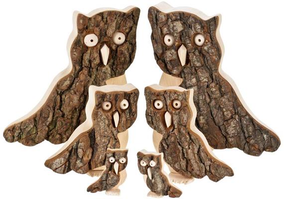 Handgefertigte Eulen aus Erle mit natürlicher Rinde ca. 13 cm