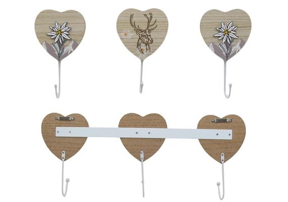 Holz-Kleiderhaken Herzen mit Edelweiss und Hirsch, 42 cm, 2 assortiert