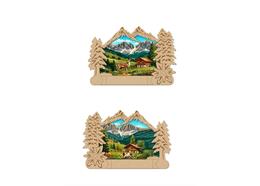 Holz Magnet Berge mit Tanne und mit Landschaft, 2 assortiert