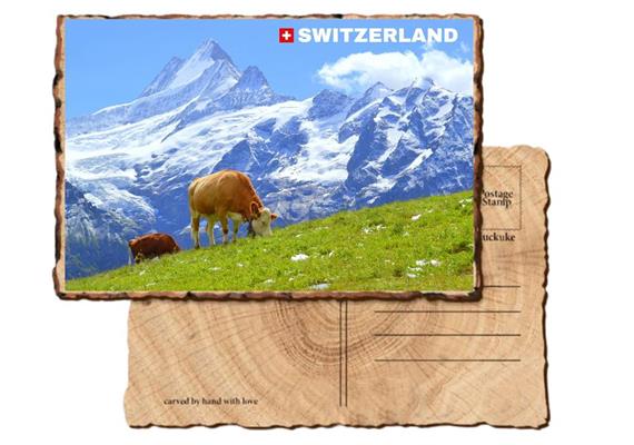 Holz Postkarte Kuh Alpen - Switzerland