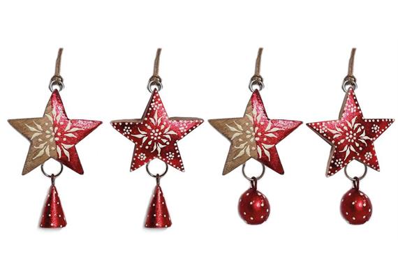 Holz Stern rot mit Glocke, 5 x 2cm, 4 assortiert - 24 Stück im Display