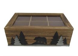 Holz Teebox mit Tannen und Bär, 23 x 15 cm