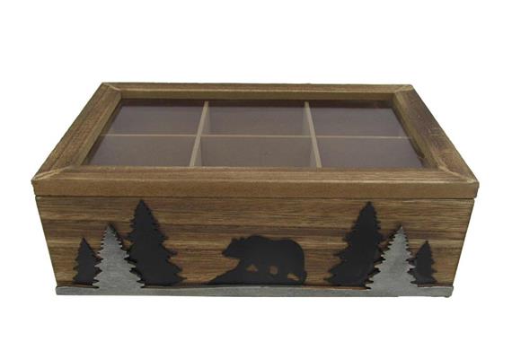 Holz Teebox mit Tannen und Bär, 23 x 15 cm