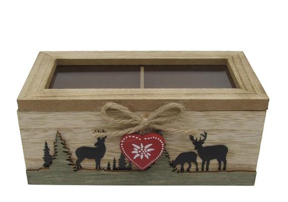 Holz Teebox mit Tannen und Hirsch, 18 x 10 cm