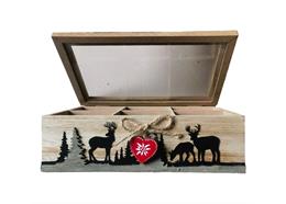 Holz Teebox mit Tannen und Hirsch, 24 x 16 cm