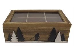 Holz Teebox mit Tannen und Skifahrer, 23 x 15 cm