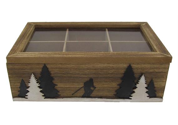 Holz Teebox mit Tannen und Skifahrer, 23 x 15 cm