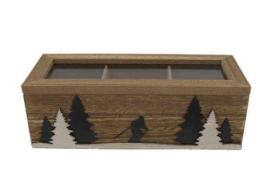 Holz Teebox mit Tannen und Skifahrer, 23 x 9 cm