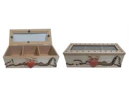 Holz Teebox mit Tieren und Herz rot, klein 2 assortiert