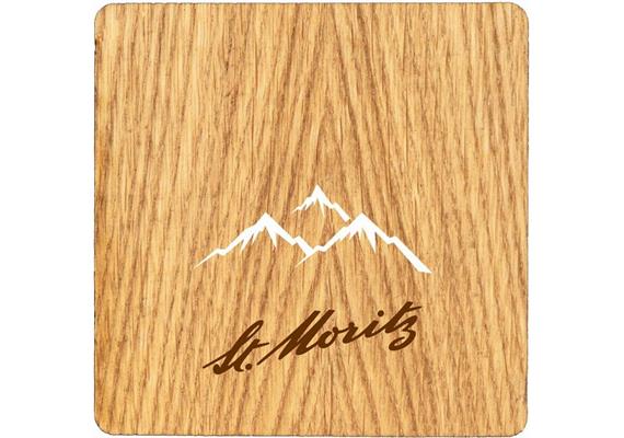 Holz Untersetzer aus Eiche geöl, Bergmotiv, mit Filzrücken, St. Moritz Gravur
