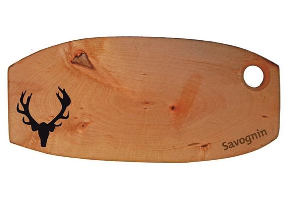 Holzbrett rustikal Hirsch mit Savognin Gravur, Erle 34-38 cm geölt