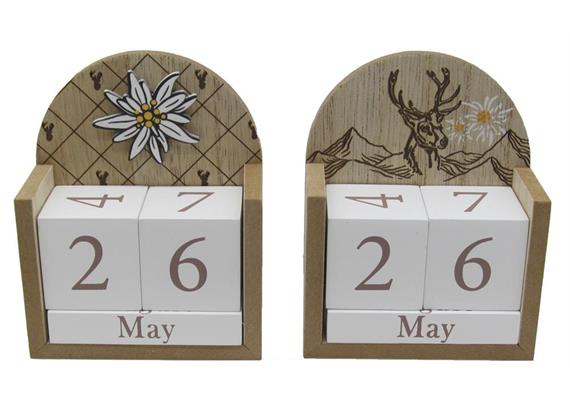 Holzkalender mit Hirsch und Edelweiss, 2 ass.
