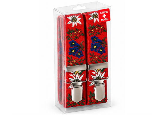 Hosenträger Alpenwiese mit Edelweiss und Enzian, rot - Swiss Made