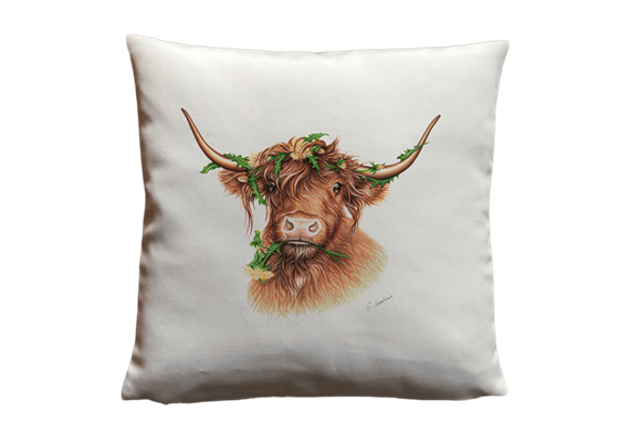 Kissen Blumenhochlandrind Leinen, 40 x40cm