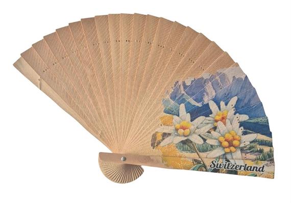 Kleiner Holzfächer mit Edelweissaufdruck und Switzerland
