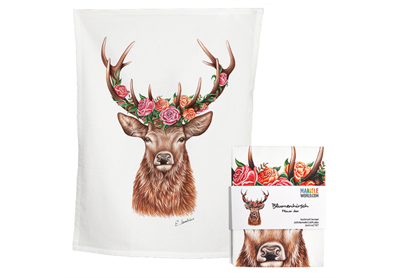 Küchentuch weiss mit Blumenhirsch, Baumwolle 50 x 70cm