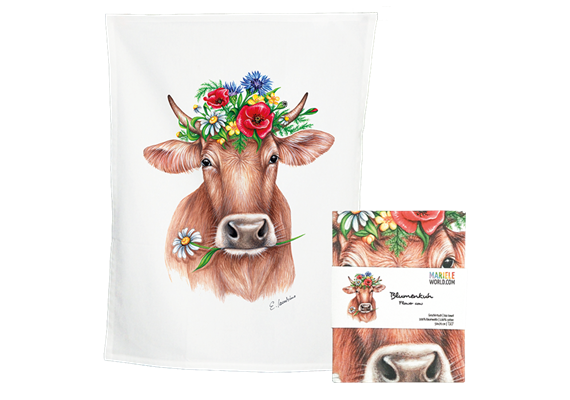 Küchentuch weiss mit Blumenkuh, Baumwolle 50 x 70cm