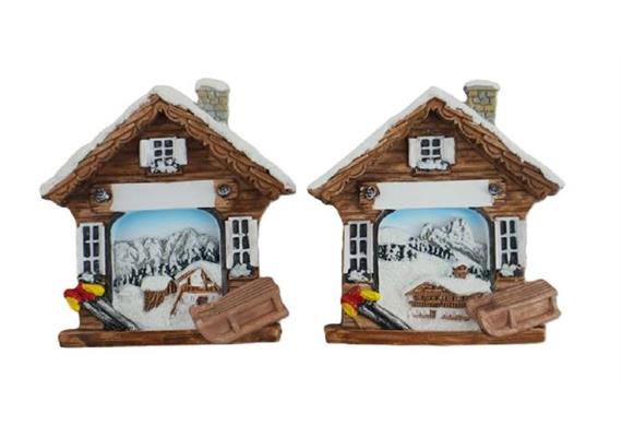 Magnet Berghütte Wintermotiv mit Schlitten 2 ass.