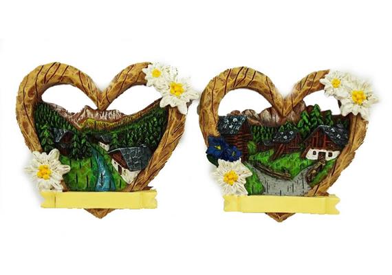 Magnet Herzförmig Landschaft mit Edelweiss, 2 assortiert