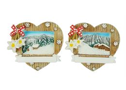 Magnet Holz Herz, Winterlandschaft mit Edelweiss, 2 assortiert