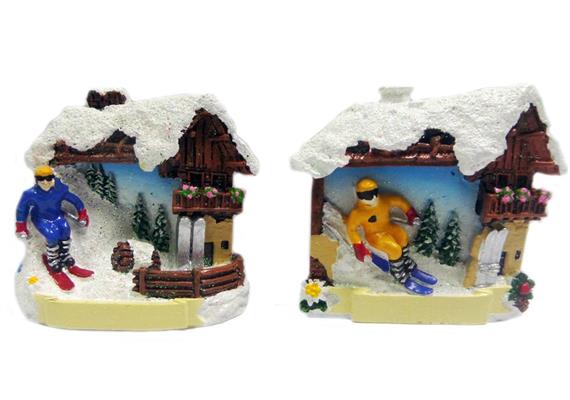 Magnet Skifahrer mit Schnee, Haus, 2 assortiert