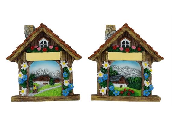 Magnet Sommer Berghütte mit Enzian und Edelweiss, 2 assortiert