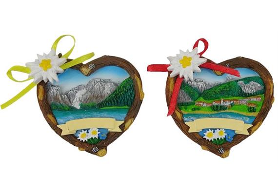 Magnet Sommerlandschaft in Holzherz mit Schlaufe, 2 assortiert