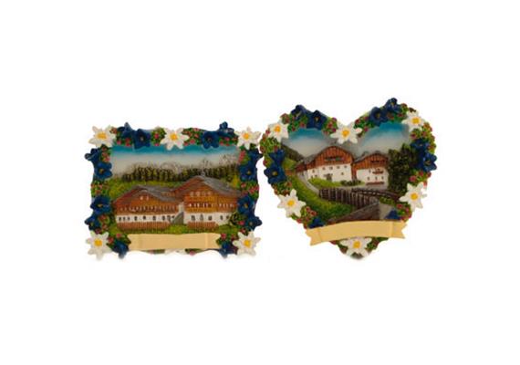 Magnet Sommerlandschaft mit Almhütte und Edelweiss / Enzianrahmen, 2 assortiert