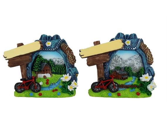 Magnet Sommerlandschaft mit Wanderrucksack und Velo, 2 assortiert