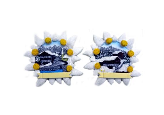 Magnet Winter Almhaus mit Edelweiss, 2 assortiert