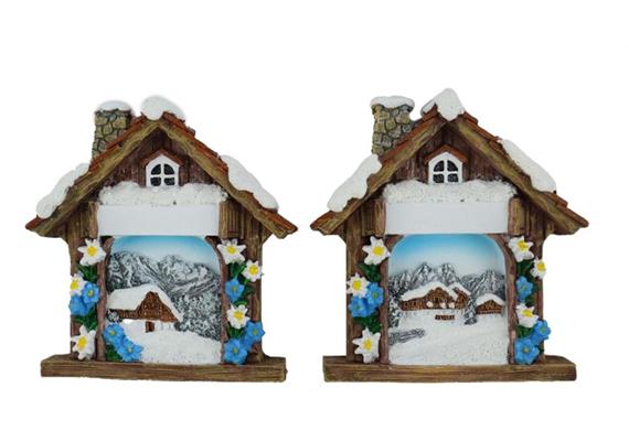 Magnet Winter Almhütte mit Alpenblumen, 5x6.5cm, 2 assortiert