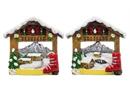 Magnet Winter Almhütte mit rotem Skischuh, 2 assortiert