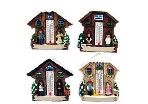 Magnet Winter Haus mit Thermometer, 4 assortiert