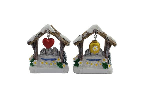 Magnet Winter Holzhütte mit Glocke oder Herz, 2 assortiert