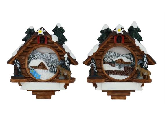 Magnet Winter Kuckucksuhr Landschaft, 5x6.5cm, 2 assortiert