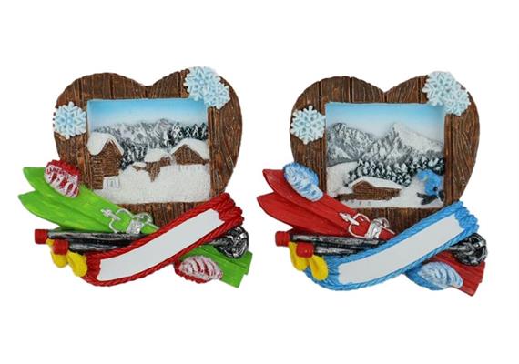 Magnet Winterlandschaft auf Holzherz mit Ski, 2 assortiert
