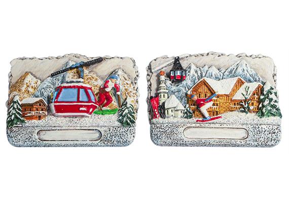 Magnet Winterlandschaft mit Almhütte und Bergen im Hintergrund, 2 assortiert