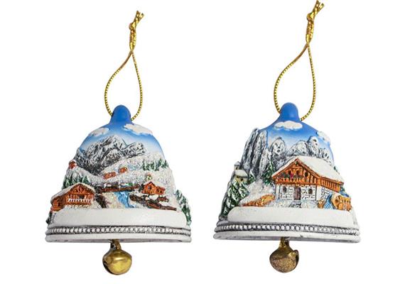 Magnet Winterlandschaft mit Glocke und Almhäuser, 2 assortiert