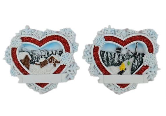 Magnet Winterlandschaft Schneeherz mit Glitzer, 2 assortiert