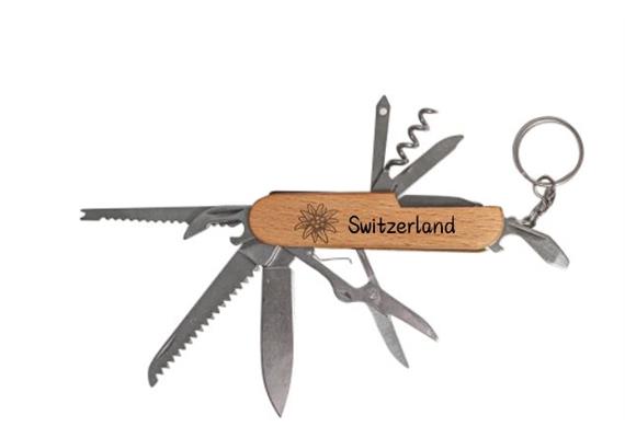 Mehrzweckmesser mit Holzgriff 15 cm, mit Edelweiss und Switzerland