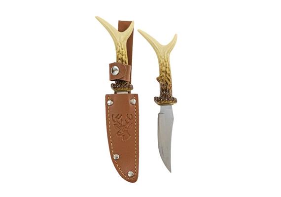Messer mit Hülle, Hirsch geprägt, Horn Imitation Griff, 18 cm