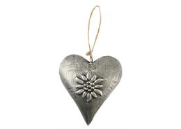 Metall Herz Edelweiss zum aufhängen, silber, 14cm