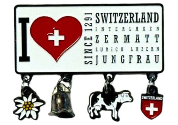 Metall Magnet I love Switzerland, Sinc 1291 mit Charms, schwarz